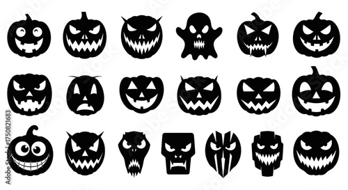 A versatile set of Halloween silhouette icons, including spooky pumpkins, ghosts, and scary monster faces for vector design
