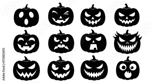 A diverse collection of black silhouette jack-o'-lantern icons with various scary, funny, and spooky facial expressions for Halloween