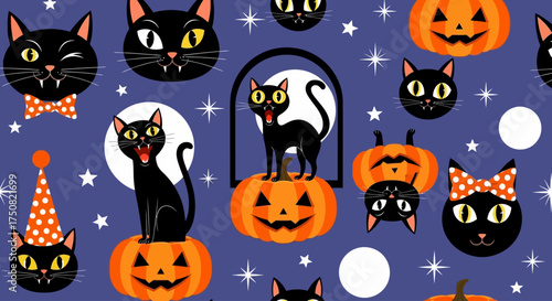 Seamless Halloween pattern featuring cute black cats, carved pumpkins, full moons, and stars on a festive purple background