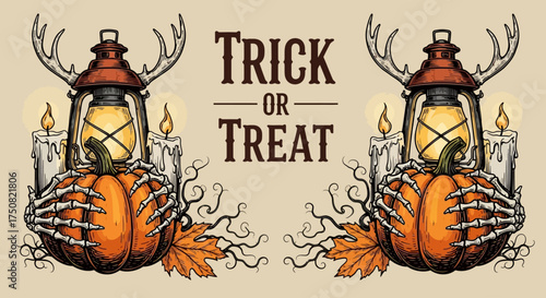 Vintage Halloween illustration with skeleton hands holding spooky jack-o-lanterns with rustic antler lanterns and candles