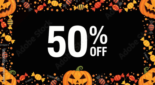 Festive Halloween sale banner template featuring a fifty percent discount with a decorative border of jack-o'-lanterns and candy