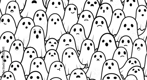 A dense crowd of simple ghostly characters creating a whimsical and spooky black and white Halloween background illustration