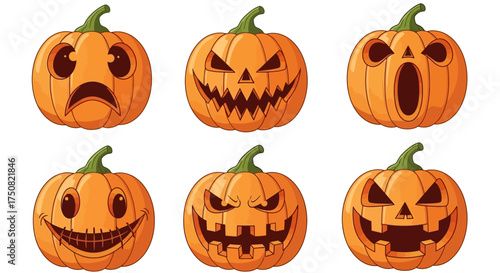 A collection of six cartoon jack-o-lanterns with a variety of spooky, angry, and happy carved facial expressions for Halloween