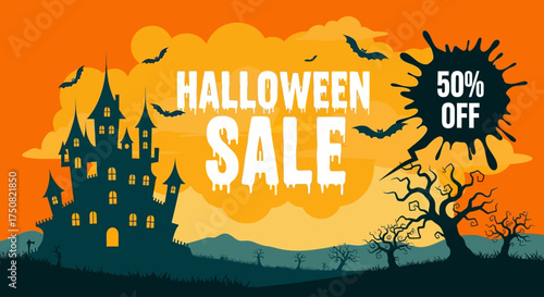Vector illustration of a spooky Halloween landscape with a haunted castle, flying bats, and a splash for a seasonal promotional offer
