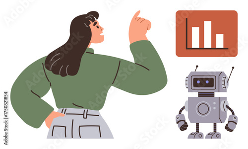 Woman gestures while explaining data trends with robot listening attentively and bar chart showcasing statistics. Ideal for AI collaboration, analytics, teamwork, education, innovation, leadership
