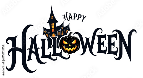 Happy Halloween gothic text with a spooky castle and an evil smiling pumpkin lantern illustration