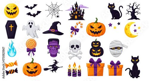 A festive set of spooky Halloween icons including a pumpkin, ghost, witch, and other classic holiday symbols