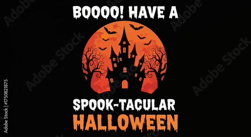 A sinister haunted manor silhouette with flying bats set against a glowing orange full moon, a classic spooky Halloween illustration
