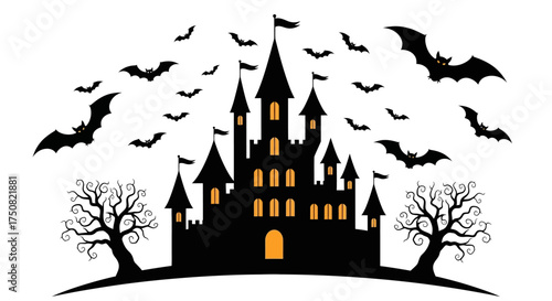 Mysterious dark castle silhouette with illuminated windows and a flock of bats against a white background for a scary Halloween theme