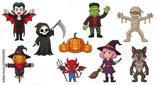 A cute cartoon set of classic Halloween monster characters. Vector collection with a witch, vampire, mummy, and werewolf for holiday design
