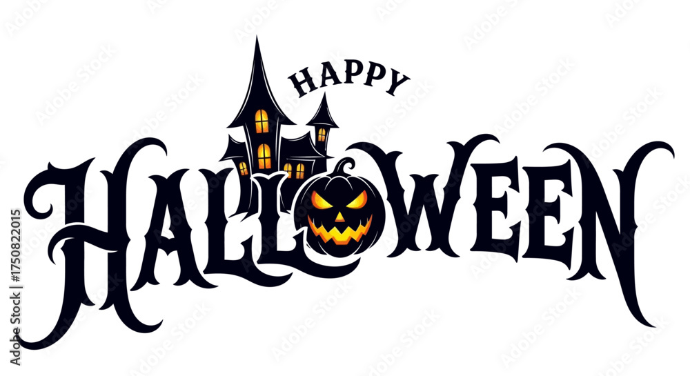 Fototapeta premium Happy Halloween typographic logo with a spooky haunted house and a glowing jack-o'-lantern pumpkin