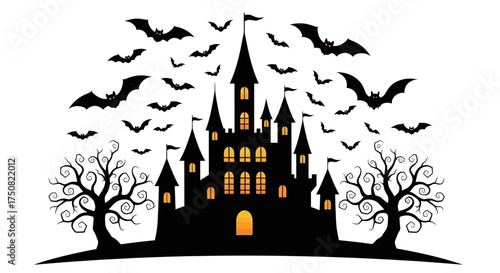 Spooky Halloween castle silhouette with glowing windows, bare trees, and a swarm of flying bats against a white background