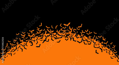 A large swarm of spooky black bats flying in silhouette across a giant orange harvest moon, creating a minimalist Halloween background