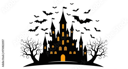 Mysterious haunted castle silhouette artwork, adorned with nocturnal bats and gnarled trees, setting a perfect spooky atmosphere for Halloween projects