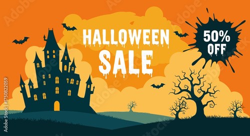 Spooky Halloween seasonal promotion with haunted castle and flying bats under an eerie orange sky, perfect for holiday marketing discounts and festive advertisements