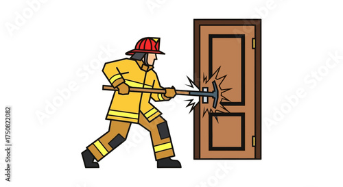 Brave firefighter forcefully opening a closed door with specialized tool during operation