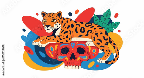 Vibrant depiction of a jaguar resting upon a stylized skull with botanical elements background,