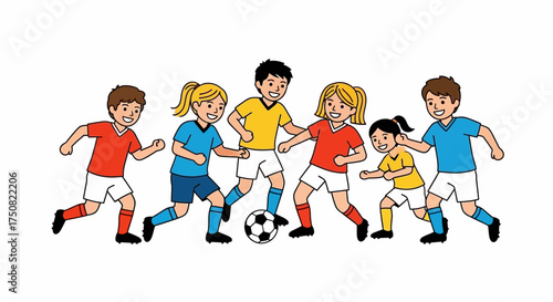 Animated illustration of children playing soccer in colorful jerseys on a white background