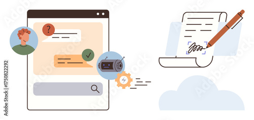 Chat interface with question-answer exchange, chatbot automation settings, and digital writing on paper in a cloud. Ideal for AI communication, automation, customer service, content creation, cloud