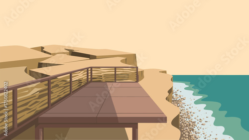 A view of a wooden deck on a cliff overlooking the ocean with a sandy beach and clear blue sky above it all