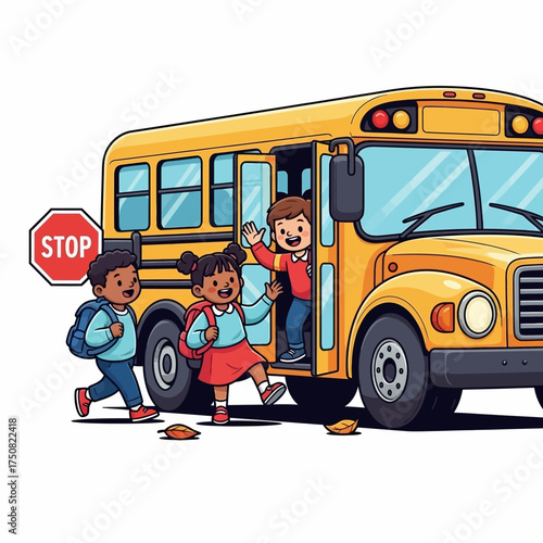 Children Boarding School Bus with Stop Sign.