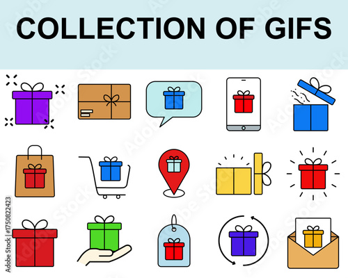Collection of colorful gift box icons with various designs and styles, representing presents, surprises, and celebrations, suitable for design and festive projects