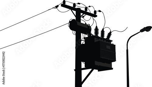 High voltage electrical transformer on utility pole with power lines and street light silhouette vector illustration for industrial energy design