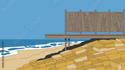 Illustration of a wooden structure on a sandy beach overlooking the ocean and a clear blue sky