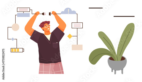 Man links plugs to flowchart elements, representing workflow, ideas, or connections. Potted plant suggests growth and sustainability. Ideal for innovation, teamwork, workflow, sustainability