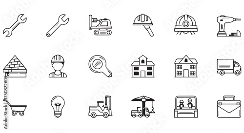Set of construction and engineering icons isolated on transparent background