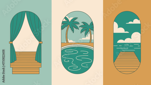 Three arched panels displaying a curtained balcony pool scene and ocean pier in a minimalist style