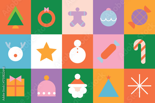 Flat vector style with vibrant colors. Christmas-themed vector icons in flat style, featuring trees, stars, and festive elements. Fun and colorful flat icon, festive holiday and Christmas element set.