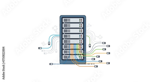 Data server illustration showing the interconnection of a network with colorful cables for