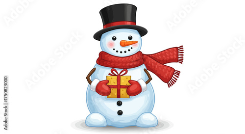 Vector of cute snowman wearing scarf and hat, holding a gift, white isolated background