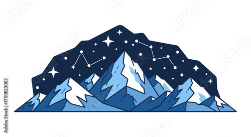 Mystical mountain range illustration with celestial elements showcasing a serene nightscape