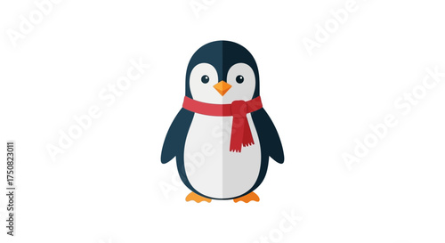 A Flat Vector Illustration of an Adorable Penguin with a Red Scarf on a White Background