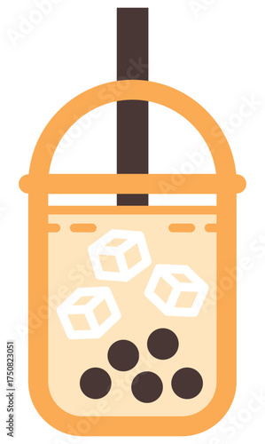 A bubble tea cup icon vector with ice and boba pearls in a transparent cup and straw.