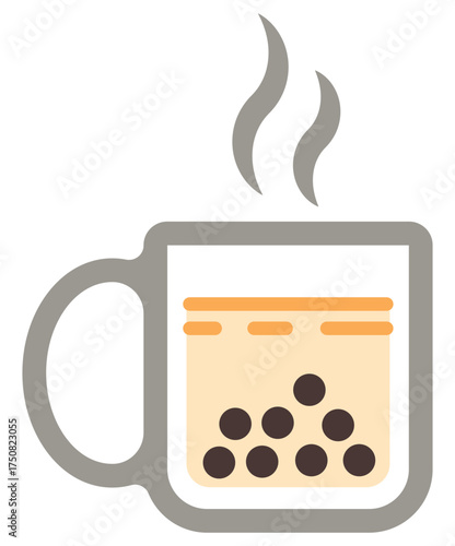 A hot milk tea icon vector showing steaming boba drink served in a mug.