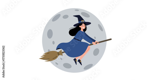 Vector of happy witch flying on broomstick across the moon, simple flat 2D style, white isolated background