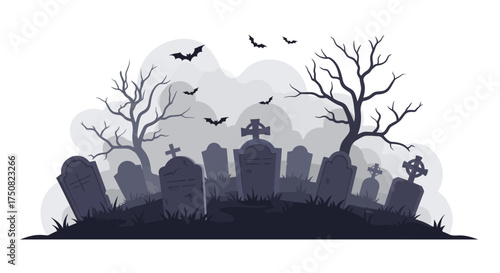 Flat 2D illustration of spooky graveyard with tombstones, bats, and fog, white isolated background