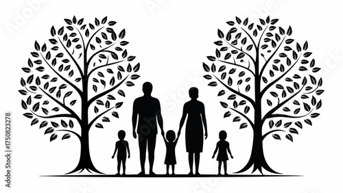 Silhouette family of five standing under trees, parents holding children's hands, representing love, family values, growth, and connection to nature
