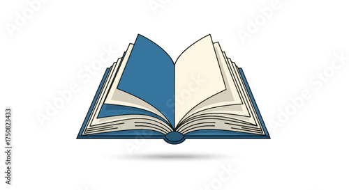 Stylized illustration of an open book with blue cover and multiple pages ready to be read
