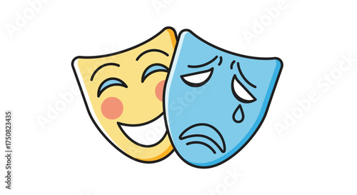 Dual emotions represented by theatrical masks embodying joy and sorrow together in a cartoon style