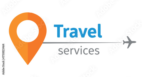 Travel services logo with location pin and airplane icon isolated on transparent background