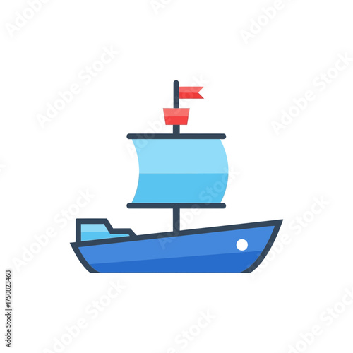 A charming pixel art sailboat with a vibrant blue hull and a light blue sail adorned with a small red flag on a clear white background creating a