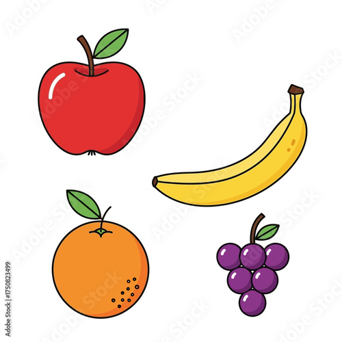 A collection of pixelated fruits including a red apple with a green leaf a vibrant yellow banana a juicy orange with small brown spots and a bunch of