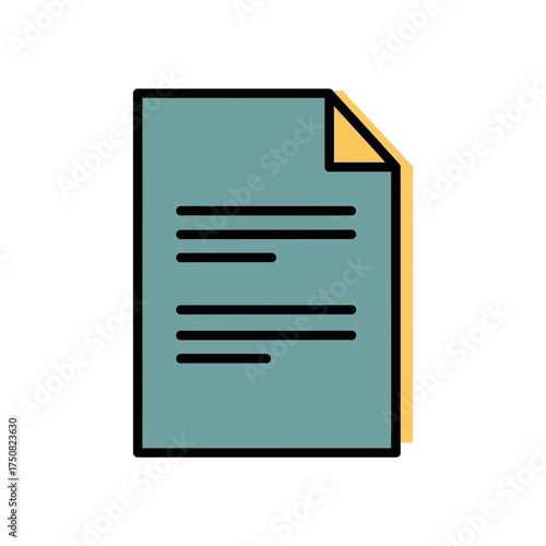 A minimalist flat vector illustration of a blue document with black lines of text and a yellow corner shadow isolated on a clean white background
