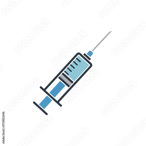 A medical syringe with a blue liquid filled barrel and a sharp needle indicating medical treatment vaccination or laboratory experiment on a clean