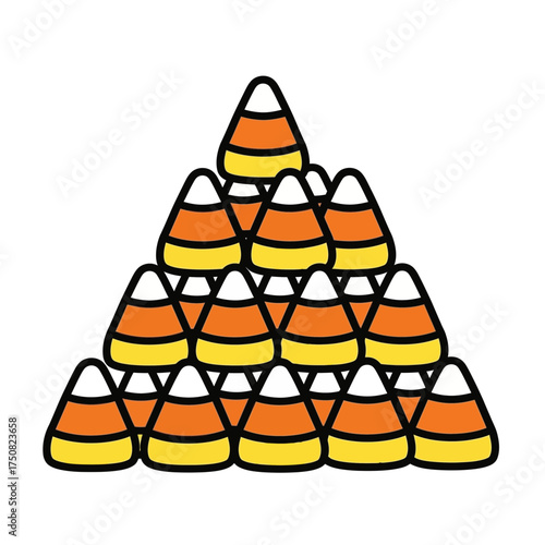 A pyramid-shaped arrangement of candy corn featuring distinct white yellow and orange sections stacked in neat rows creating a festive Halloween