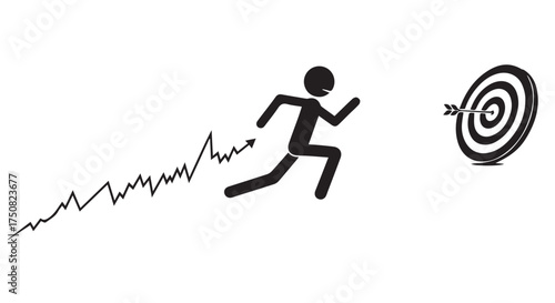 Stick figure running towards a target with a rising graph line isolated on transparent background